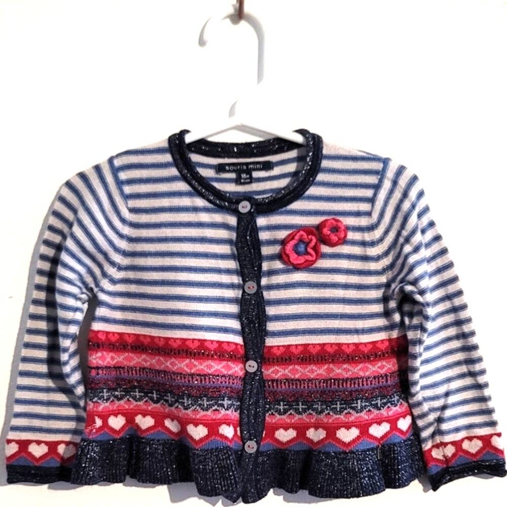 Souris Mini Striped Ruffled Hem Crochet Flower Cardigan 18M